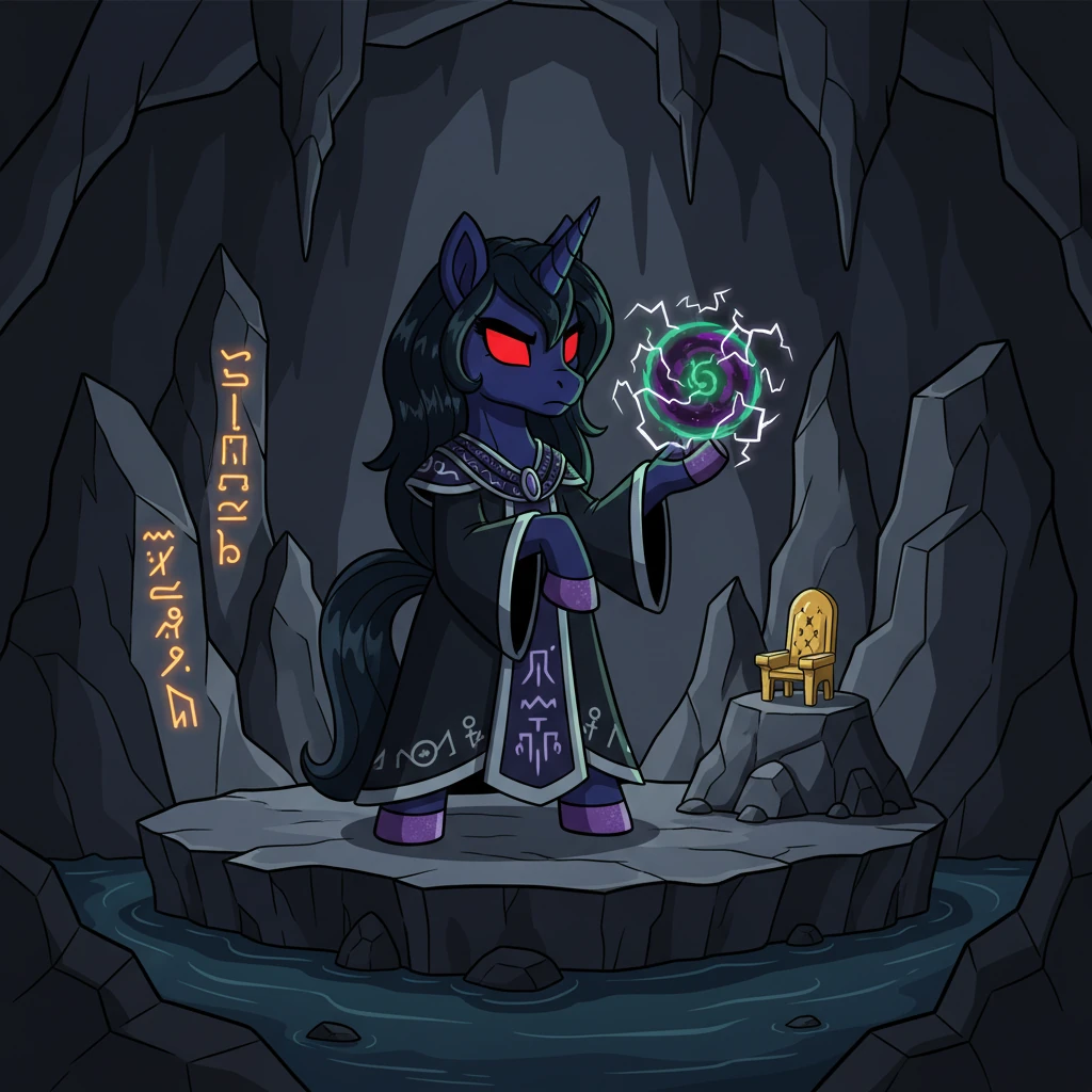 Far away in a shadowy cavern, a dark unicorn with sharp horns and glowing red eyes plotted. This jealous sorceress yearned for Saahira's power and glittering throne. She conjured dark magic, preparing to strike at the heart of the kind queen's reign.