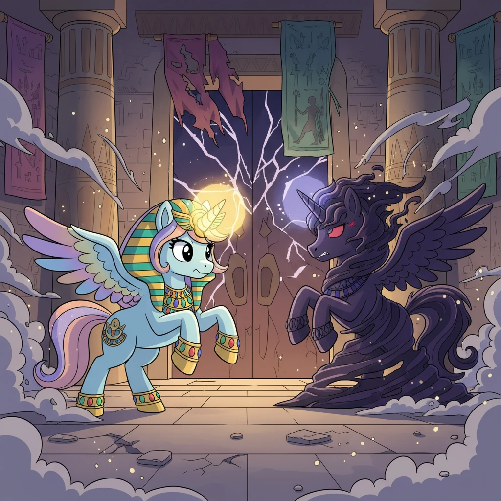 One fateful night, the dark unicorn burst into Saahira's palace, her magic tearing through the peaceful halls. Saahira bravely met the attacker, her horn glowing with protective light. The battle was fierce, a clash of light and shadow, shaking the very foundations of the kingdom.