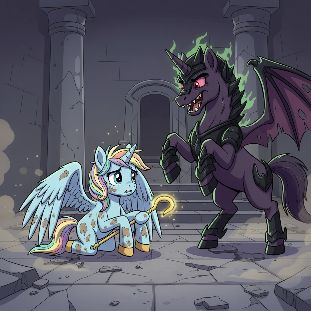 Despite her courage, Saahira was overwhelmed by the dark unicorn's relentless assault. Wounded and weary, her pure white coat was smudged with dust, and her majestic wings drooped. The dark unicorn cackled, closing in for the final blow, intent on seizing the throne.
