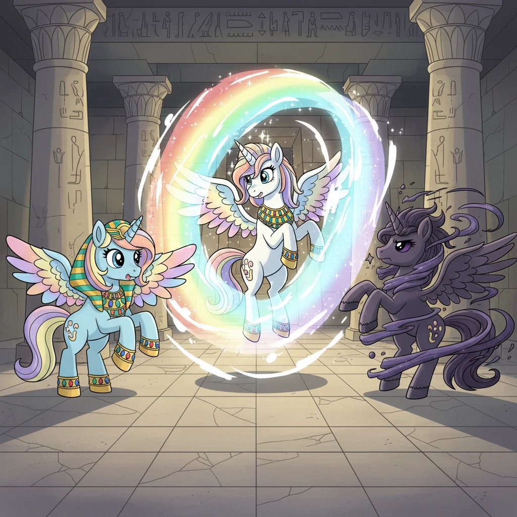 Just as despair threatened to consume Saahira, a flash of brilliant rainbow light filled the chamber. A powerful, ancient unicorn, with a shimmering, starry mane, appeared as if from nowhere. With a swift movement of her horn, she unleashed a wave of protective magic, pushing the dark unicorn back.