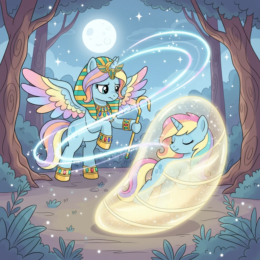 The ancient unicorn, realizing Saahira was too injured to continue, used her potent magic to create a shimmering cocoon around the queen. "Sleep, dear Saahira," she whispered kindly, "and awaken when the world is safe once more." Saahira was gently sealed away, her light still glowing softly within the magical sleep.