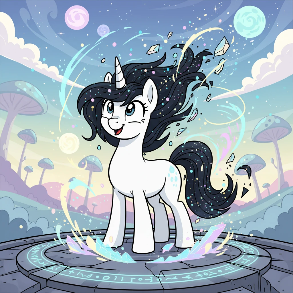 With a soft gasp, Saahira burst forth from her millennia-long sleep, the magical cocoon dissolving into stardust. She stood tall, her white coat pristine, her black mane and tail flowing. The air around her hummed with strange new energy, a stark contrast to her ancient memories.