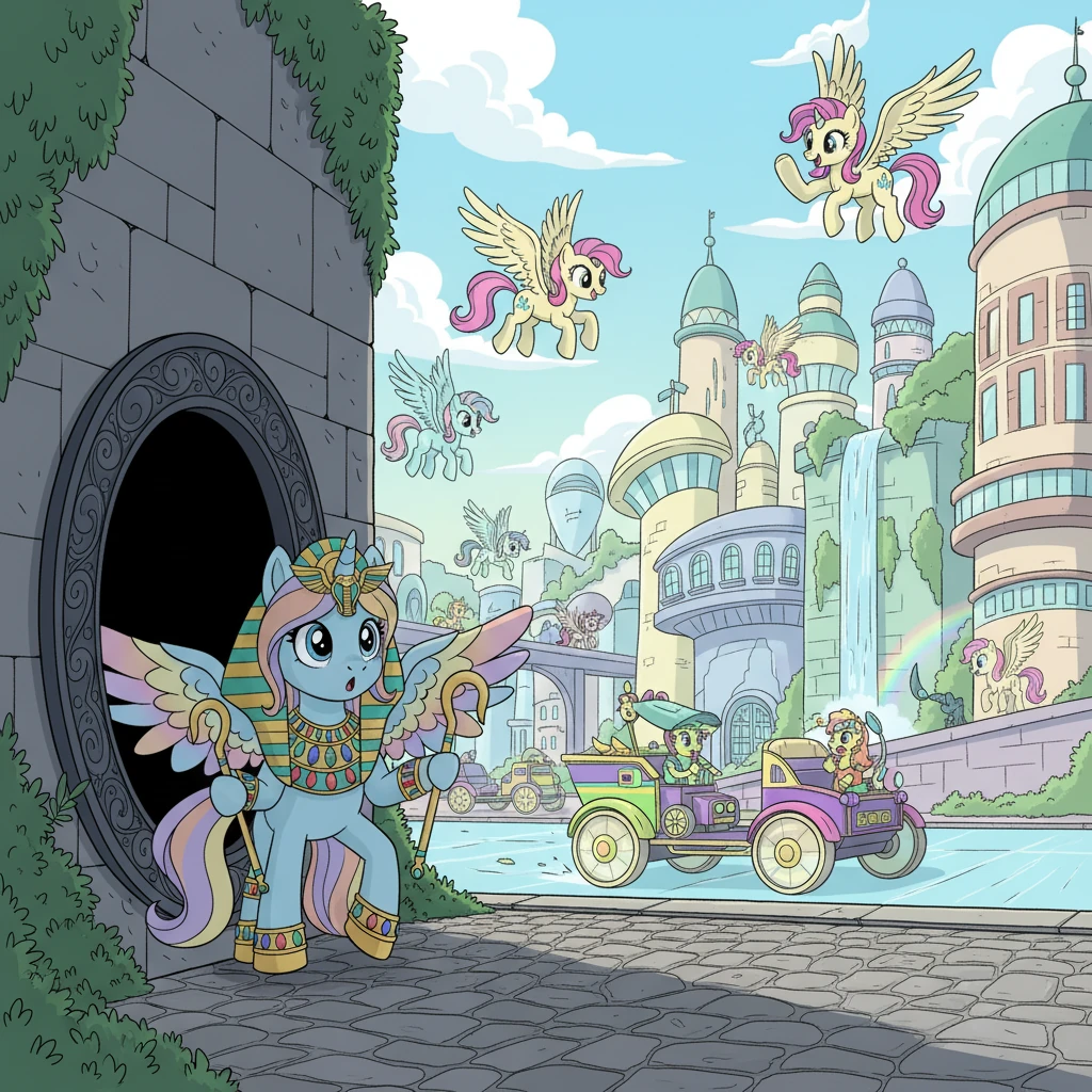 Saahira stepped out of a hidden chamber, her eyes wide with wonder and a little bit of awe. Before her stretched a bustling, colorful city filled with flying ponies, bright buildings, and strange, fast-moving carts. A new adventure, vibrant and full of possibility, had just begun in modern Equestria.