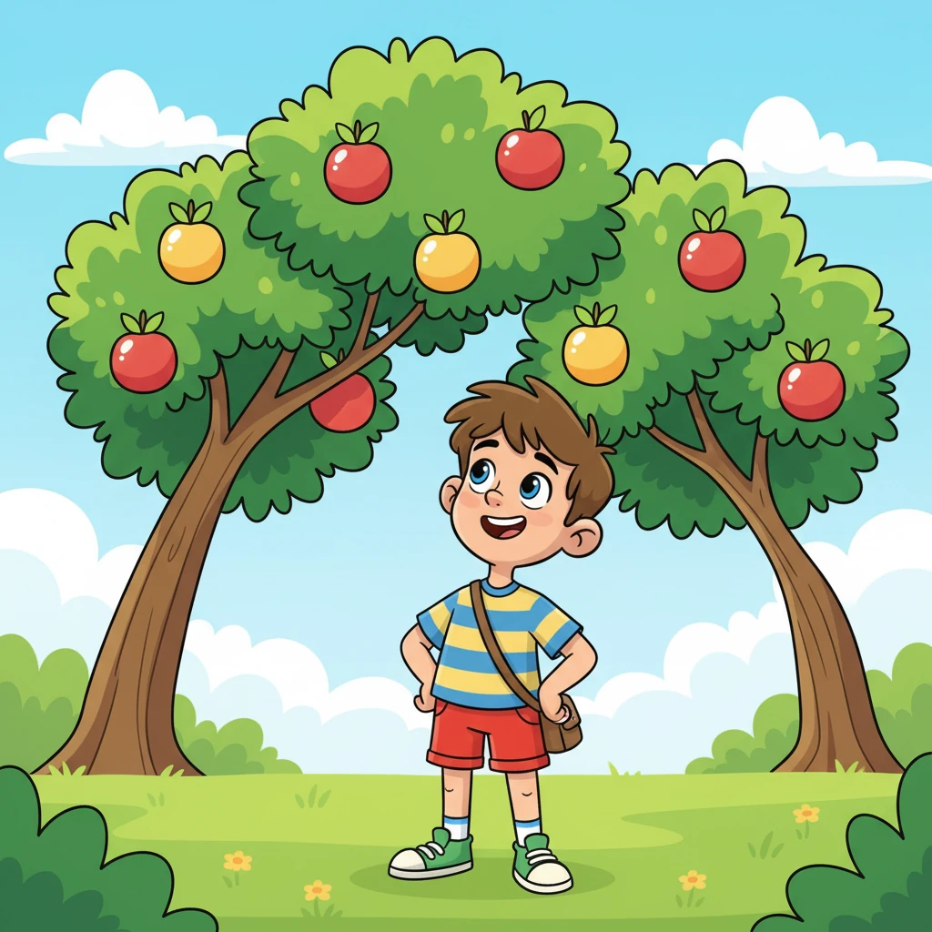 Pablito gazed at the tree with its high, tempting branches, full of green leaves and some bright, shiny fruits. A mischievous sparkle twinkled in his eyes, imagining how much fun it would be to climb it.