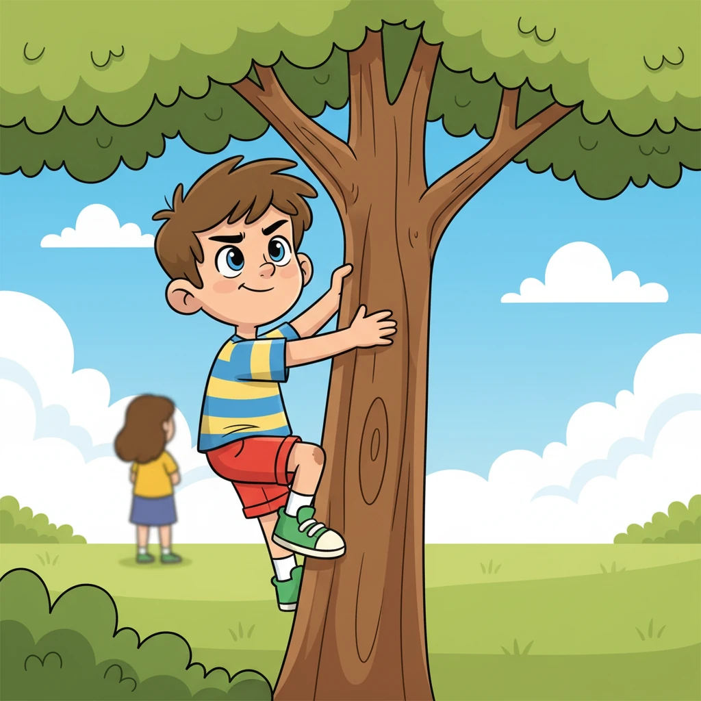 With a glint in his eyes and a cheeky grin, Pablito waited until his mom was distracted. Quickly, he approached the trunk and began to climb, holding tightly to the thick branches.
