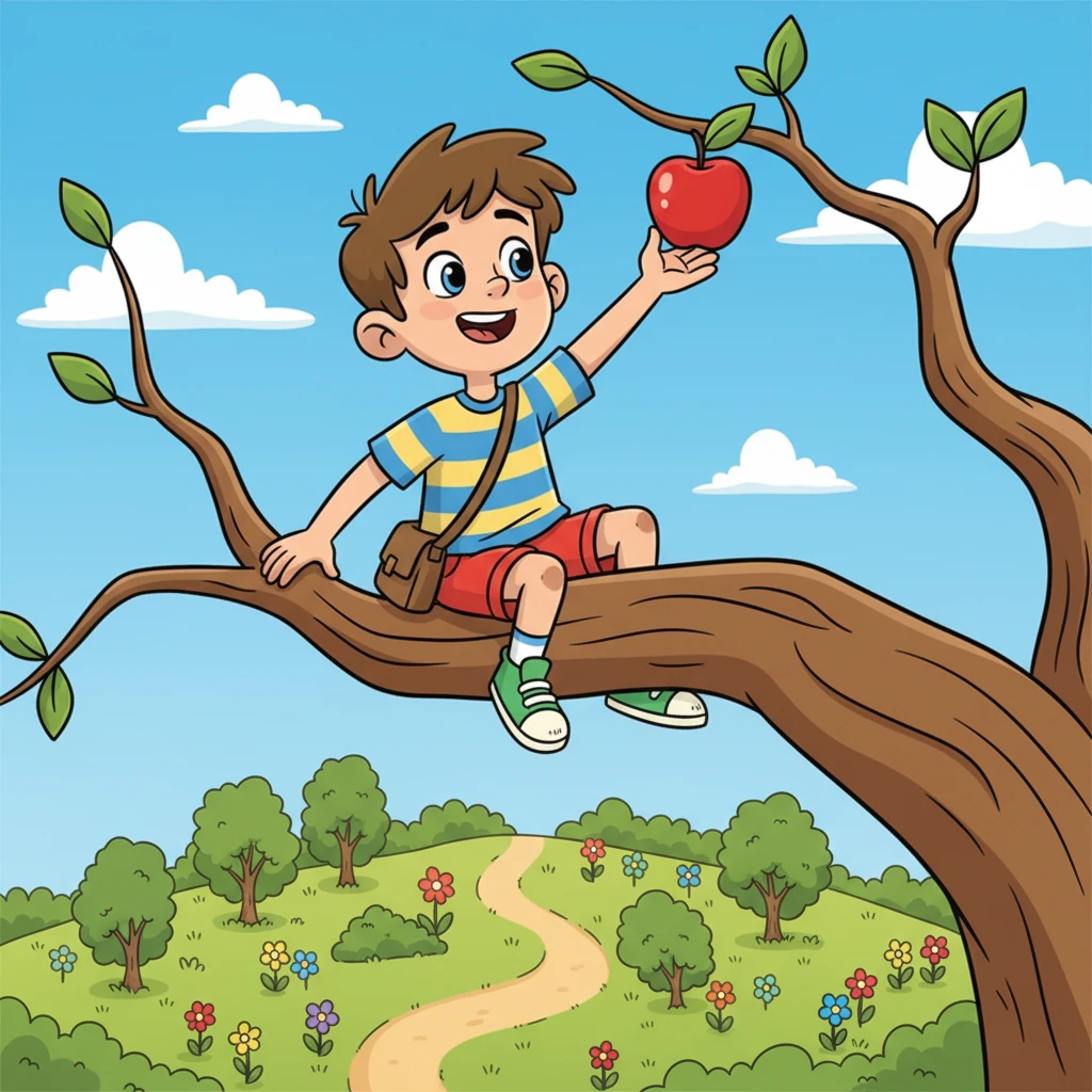He climbed higher and higher, feeling like a brave explorer at the top of the world. From above, he could see the entire garden and the blue sky, and a delicious red fruit seemed just within his reach.
