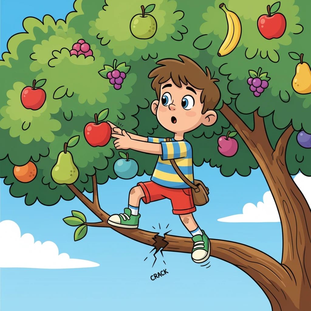 He stretched out a little arm to grab the fruit, but a thin branch cracked under his foot. His eyes widened in surprise and a small gasp escaped his lips.