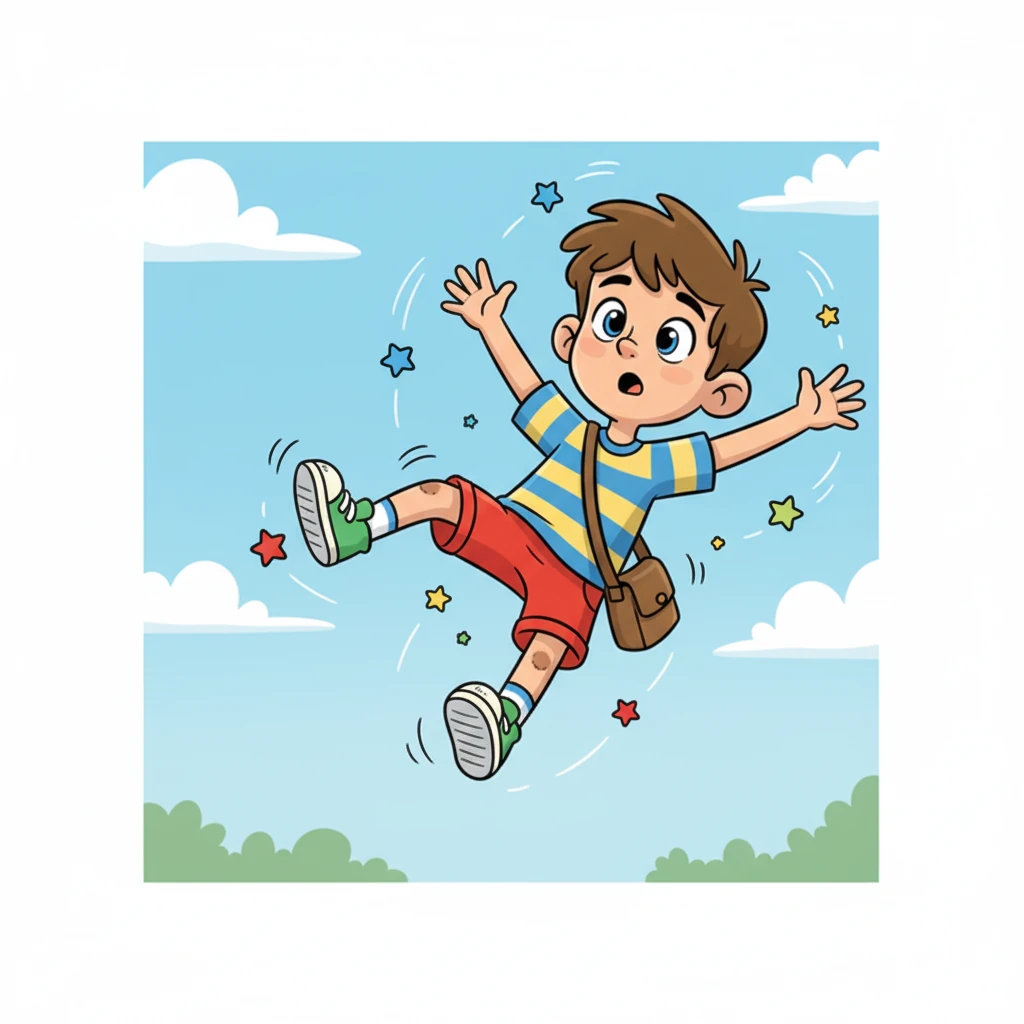 Oh no! Pablito lost his balance and began to tumble down, his arms and legs flailing in the air like a rag doll. Little colorful stars swirled around him as he descended.