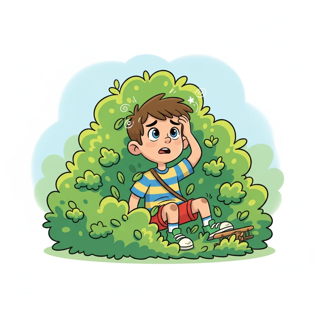 With a soft "THUD!", Pablito landed in a fluffy bush of leaves, a little dazed but not hurt. He rubbed his head, feeling a bit dizzy and with a small twinge in his knee.