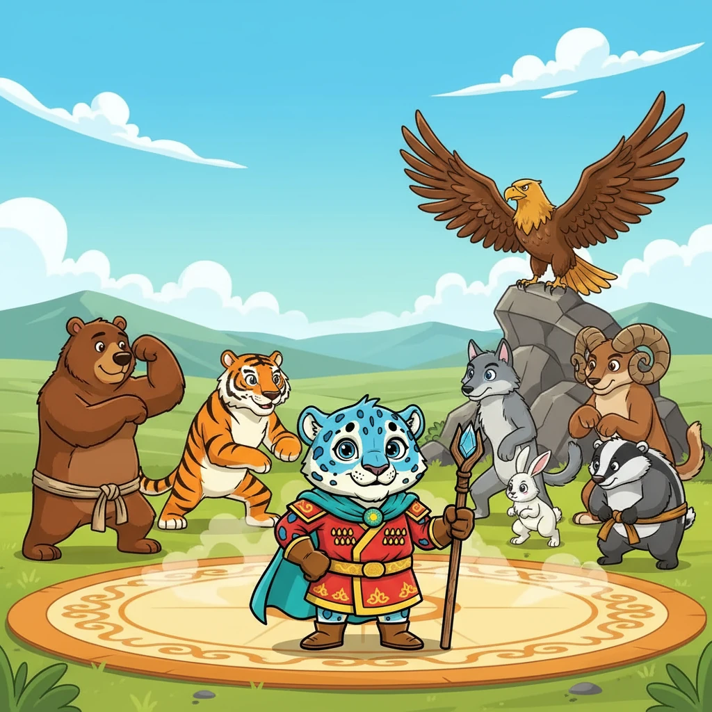 Ертеде бүркіт барлық жануарларды қазақша күрестен сайысқа шақырды. «Кім күшті?» деген сұраққа жауап іздеп, аю, жолбарыс, қасқыр, қоян, барыс, арқар мен борсық сайысқа қатысуға дайындала бастады. Әрқайсысы жеңіске жетуге құлшынып тұр.