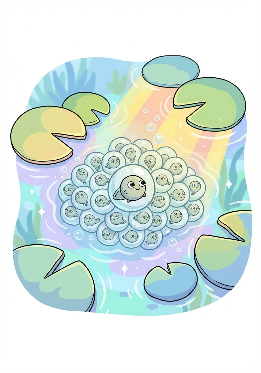 In a shimmering pond, a cluster of tiny eggs floats gently amongst the lily pads. Sunlight warms the water, promising new life.