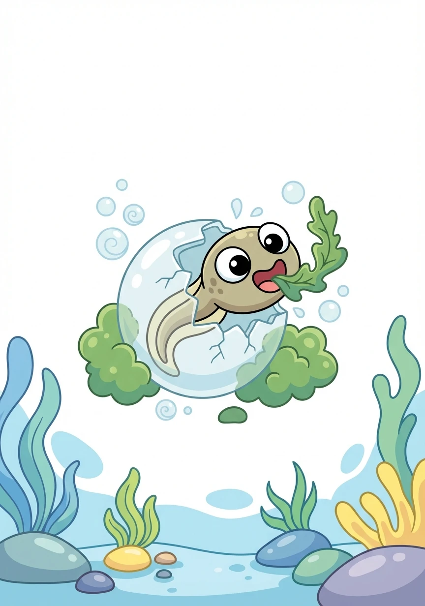 Little Ranieri hatches from his egg! He's a tiny tadpole with a long tail, eager to explore his watery world. He swims around, nibbling on algae.