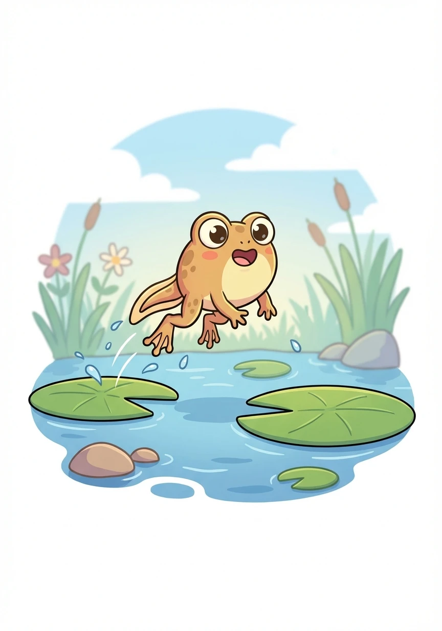 Ranieri discovers he can hop! He practices leaping onto lily pads, enjoying the new sensation of being partly on land. His tail begins to shrink.