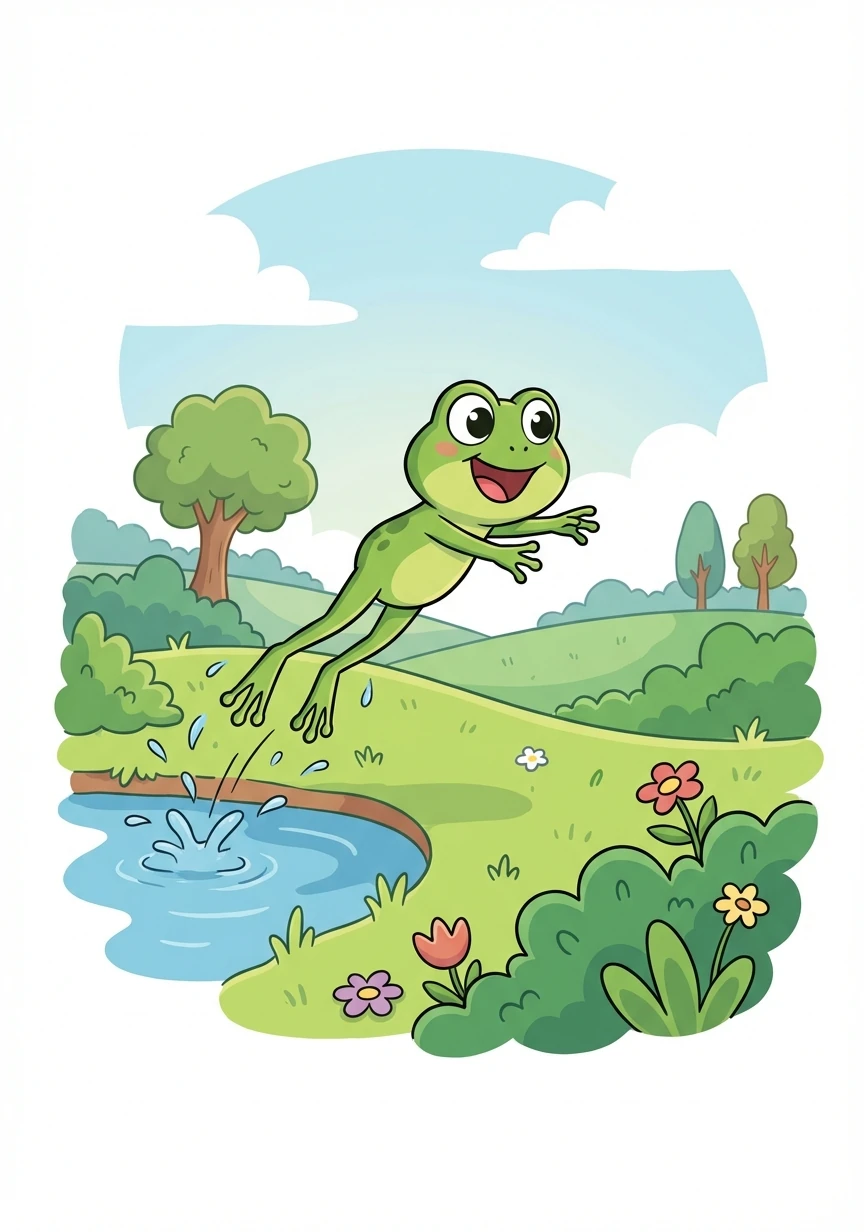 Ranieri finally loses his tail completely! He is now a small frog, ready to explore the world beyond the pond. He takes a big leap into the unknown.