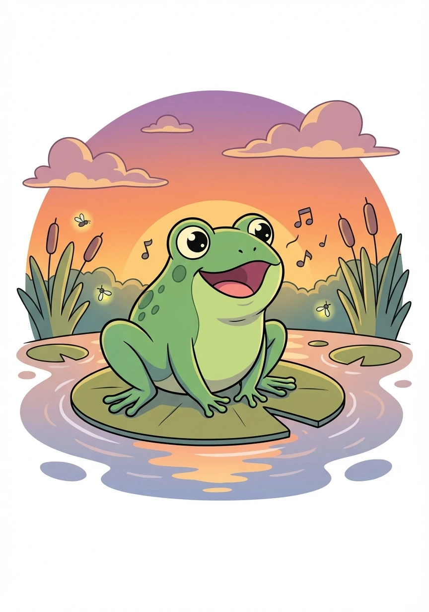 Ranieri, now a full-grown frog, sits on a lily pad, watching the sunset. He remembers his journey from a tiny egg to a leaping frog, a testament to the wonders of nature and transformation. He croaks happily into the night.