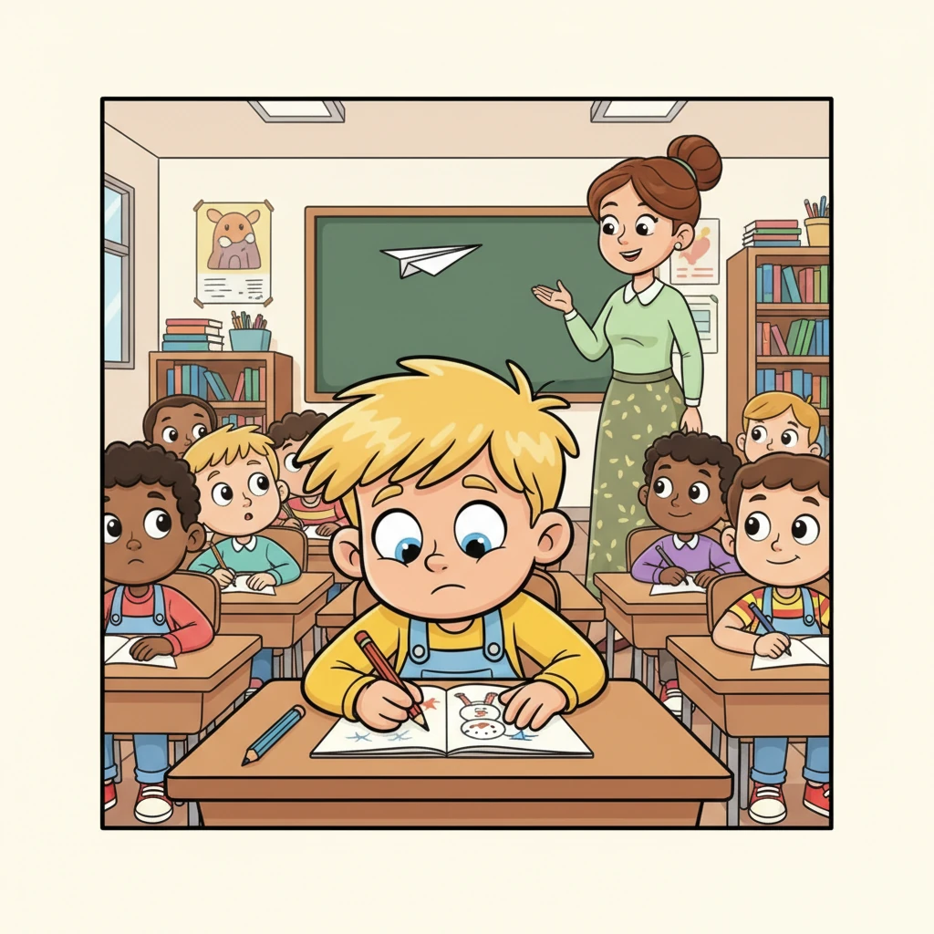 Nella vivace aula di classe, Leo, con i suoi capelli biondi che danzano, è seduto al suo banco, ma la sua mente è lontana. Invece di ascoltare la maestra, sta disegnando un pupazzo di neve con gli sci, mentre un piccolo aereo di carta vola silenziosamente sopra le teste dei suoi compagni. La maestra, con un sospiro affettuoso, lo osserva con un sorriso paziente.