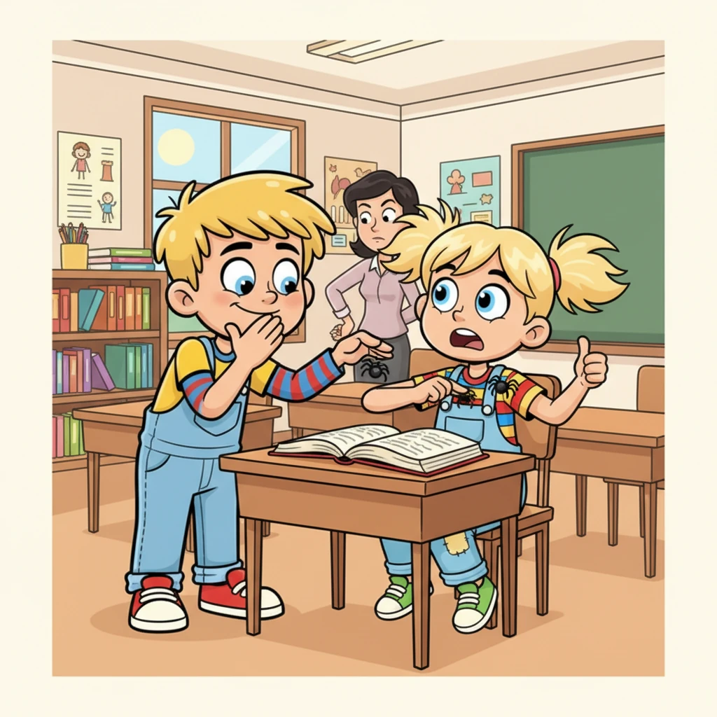 Durante la lezione di storia, Leo non resiste a una piccola burla. Con un sorriso birichino, fa scivolare un finto ragno di gomma sulla spalla della sua compagna, che salta con un piccolo strillo divertito. La maestra si volta, un sopracciglio alzato, mentre Leo cerca di trattenere una risata, facendo finta di nulla.