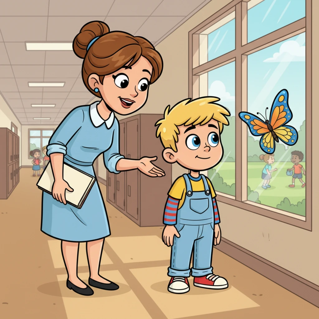 La maestra, con un quaderno in mano, si avvicina a Leo durante la ricreazione. Gli spiega con calma che la concentrazione è importante non solo a scuola, ma anche per i suoi amati sci. Leo la ascolta, annuendo, ma i suoi occhi sono già attratti da una farfalla colorata che svolazza fuori dalla finestra.