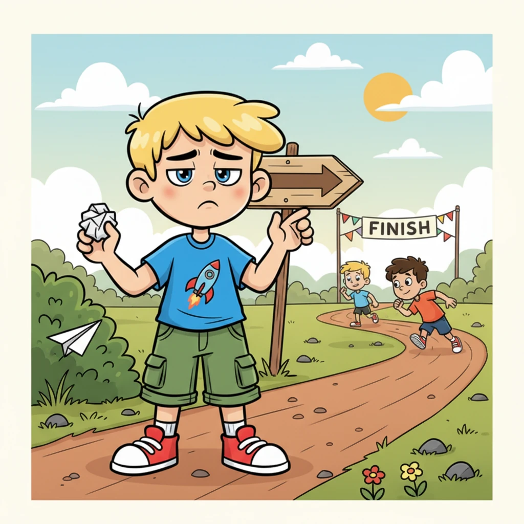 Più tardi, durante una gara amichevole, a causa della sua distrazione, Leo finisce per sbagliare il percorso e deve rallentare per tornare sulla giusta traccia. Non vince, e un velo di delusione gli attraversa il viso. Si rende conto che anche un piccolo errore di disattenzione può costare caro.