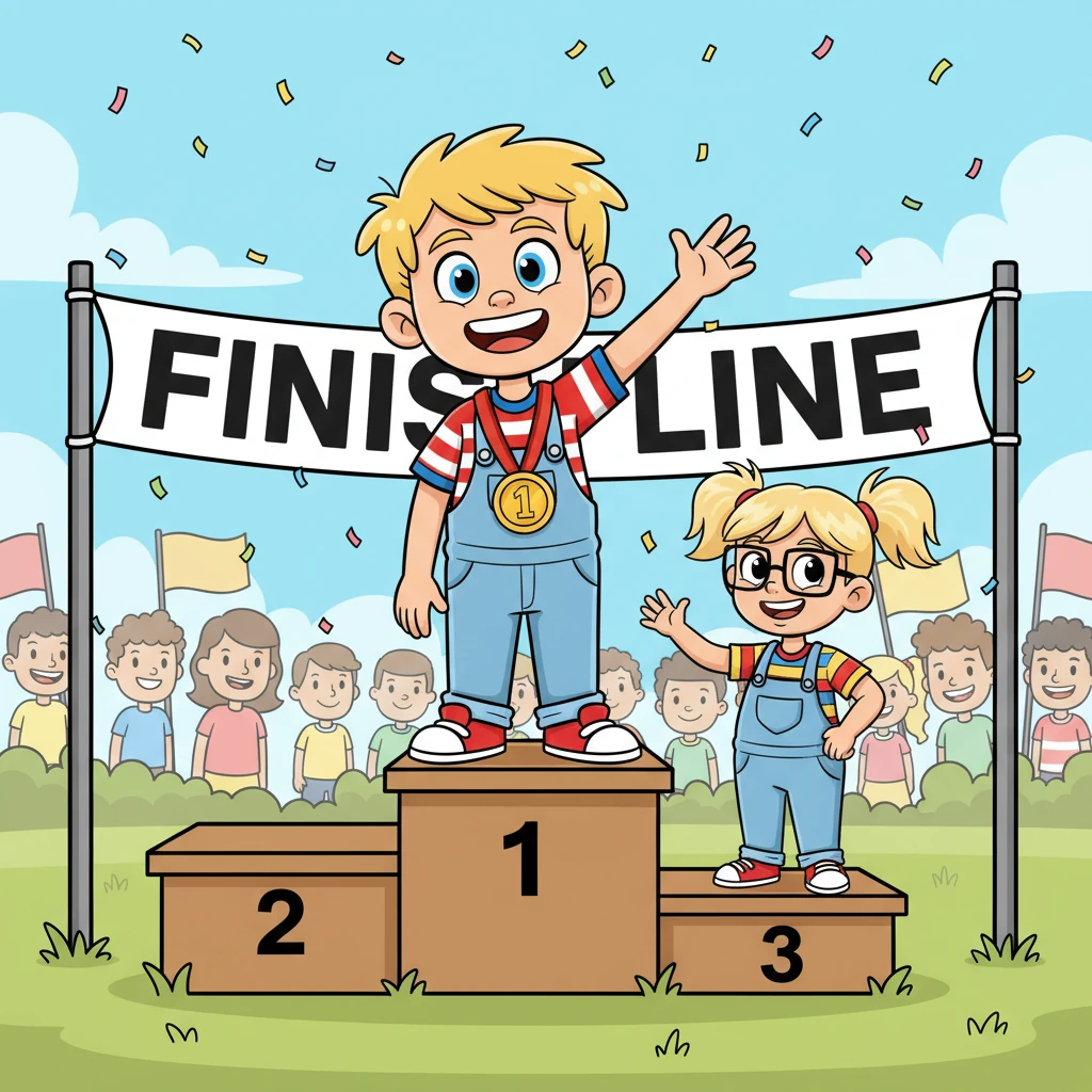 Leo taglia il traguardo con un tempo eccezionale, vincendo la gara! Sul podio, con la medaglia al collo e un sorriso radioso, incrocia lo sguardo della sua maestra tra la folla. Le fa un piccolo cenno, un gesto silenzioso che dice: 'Ho imparato'. Ha capito che la magia della concentrazione lo aiuta a brillare in ogni momento.