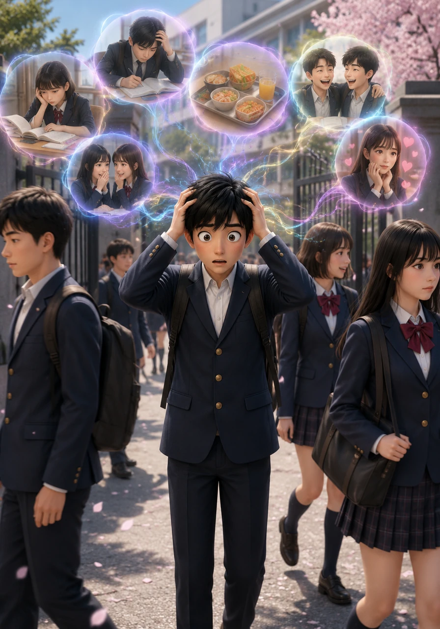 Walking through the school gates, Ren realizes he can hear the private thoughts of everyone he passes. The air is thick with worries about exams, lunch plans, and secret crushes, making his head spin with the sensory overload.