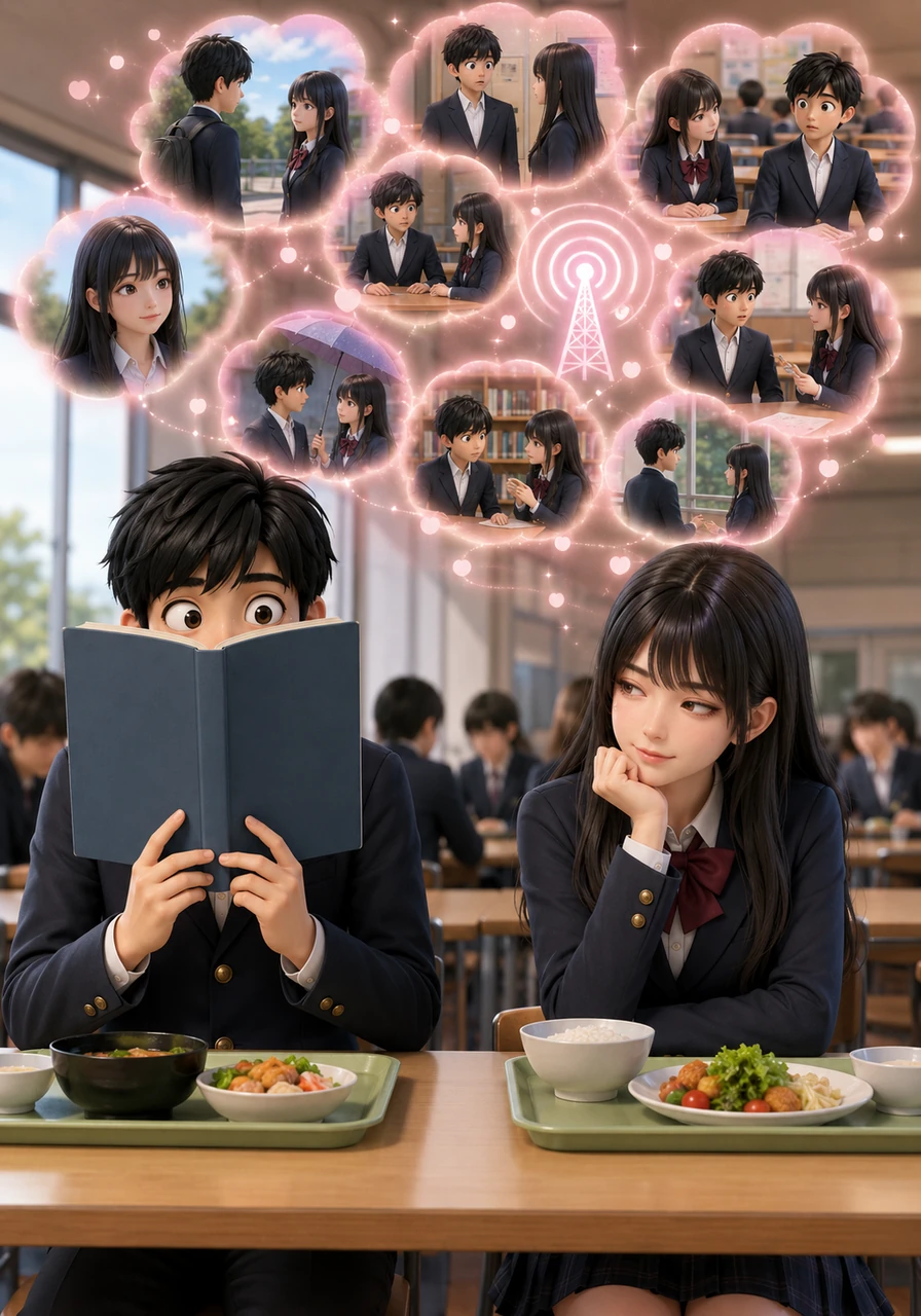 During lunch, Ren tries to hide behind his book, but Akari’s thoughts are like a radio station tuned only to him. She is meticulously planning how to accidentally sit near him, her mind filled with detailed memories of every time they’ve ever spoken.