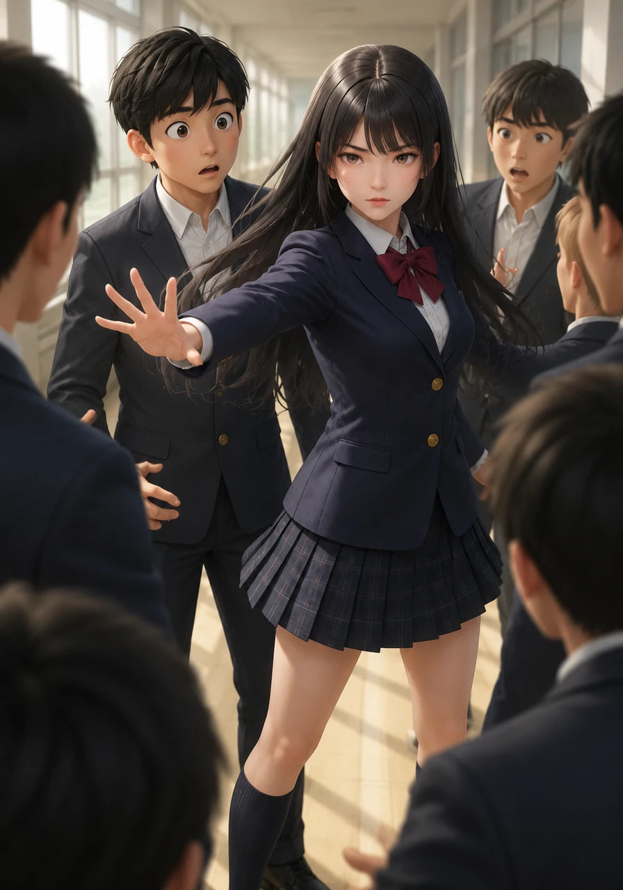 When a group of students crowds around Ren, Akari steps in with her authoritative Goddess persona to disperse them. While her voice is cold and professional, her mind is roaring with a protective fury, wanting to keep him all to herself.