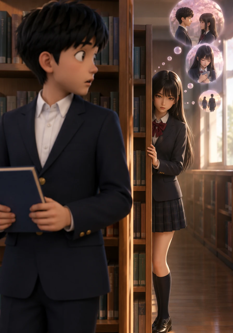 In the quiet library after school, Ren finds Akari staring at him from behind a bookshelf, her face a mask of indifference. However, her thoughts are a whirlwind of longing, wondering if he will ever notice the depth of her devotion.