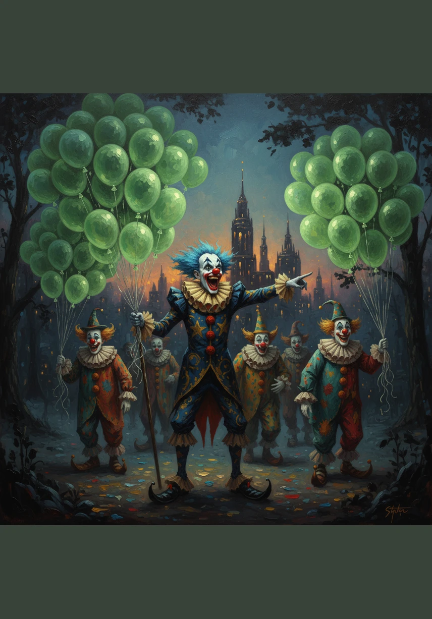Each clown carries a massive bundle of glowing green balloons that seem to have a life of their own, bobbing and weaving in the air. The leader, a tall clown with a star-shaped nose, points toward the city center and lets out a booming, echoing laugh.