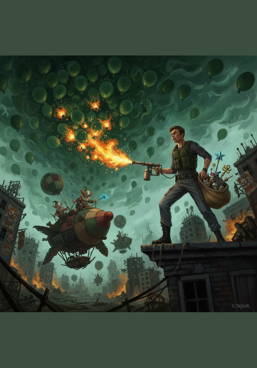 The invasion spreads as the green balloons multiply, filling the sky until the sun is blocked by a strange emerald haze. People find themselves bouncing uncontrollably, unable to walk straight as the world becomes a giant, silly trampoline.