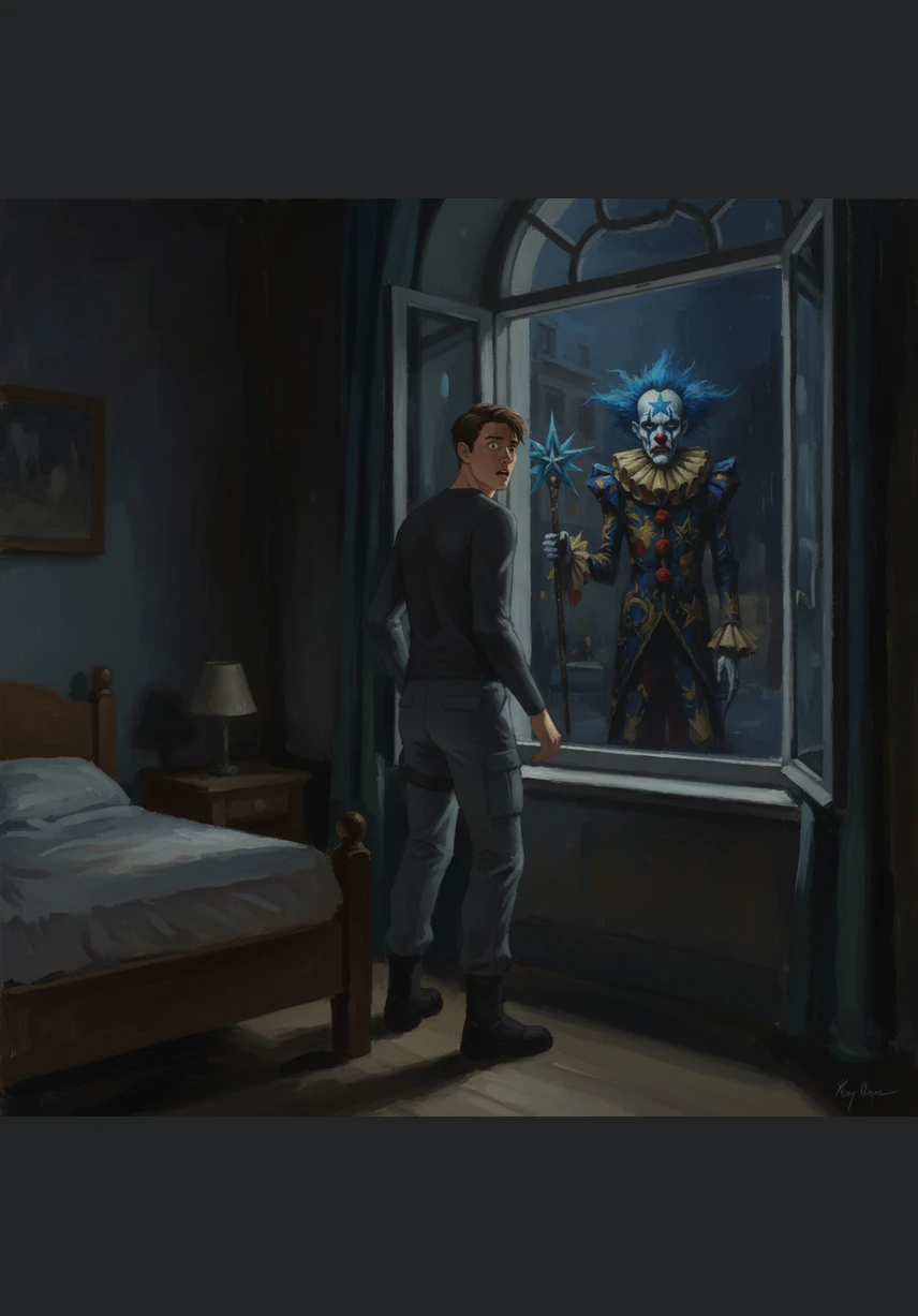 Leo watches from his bedroom window as his wooden desk turns into a pile of wobbly jelly and his chair starts to honk like a bicycle horn. He realizes that the clowns are trying to turn the entire Earth into a playful satellite of their home, Clown Star.