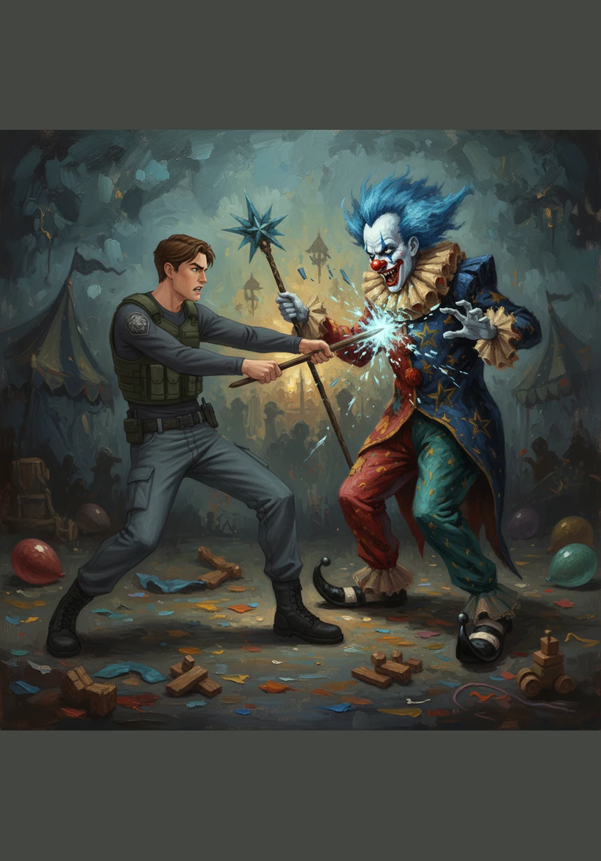 Leo remembers his science project—a high-powered vacuum meant for cleaning space dust—and realizes it might be the only thing that can catch the balloons. He rushes to his garage, dodging a group of juggling clowns who are tossing custard pies at the town hall.