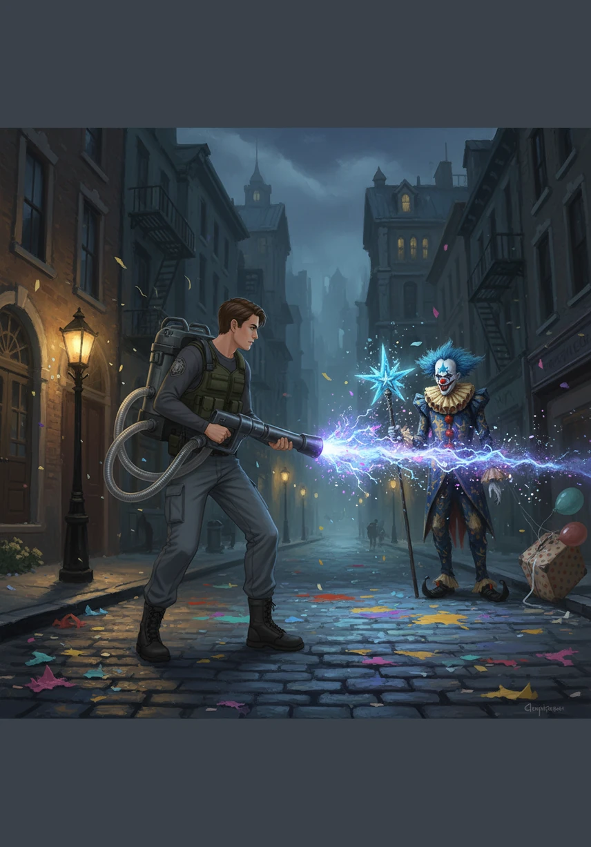 With his modified vacuum strapped to his back, Leo begins to suck the green balloons out of the air, storing their silly energy in a large glass canister. The buildings touched by the balloons begin to return to their solid, normal state as the green glow fades away.