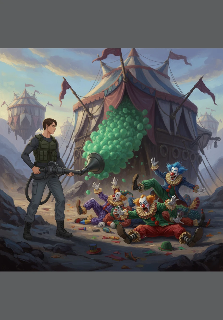 Seeing their balloons disappear, the clowns panic and rush back toward their tent-ships, tripping over their oversized shoes in a frantic retreat. Leo directs the vacuum's nozzle toward the main ship, releasing all the captured green balloons in one giant, emerald burst.