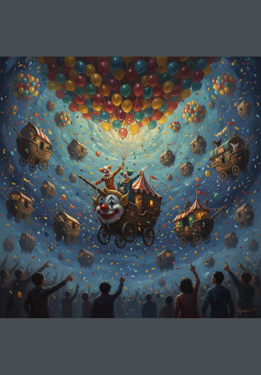 The force of the released balloons lifts the circus ships off the ground, carrying the clowns back toward the distant stars of their own galaxy. Leo waves goodbye as the sky clears, leaving the world safe, though a few trees still have a slight, happy wobble.