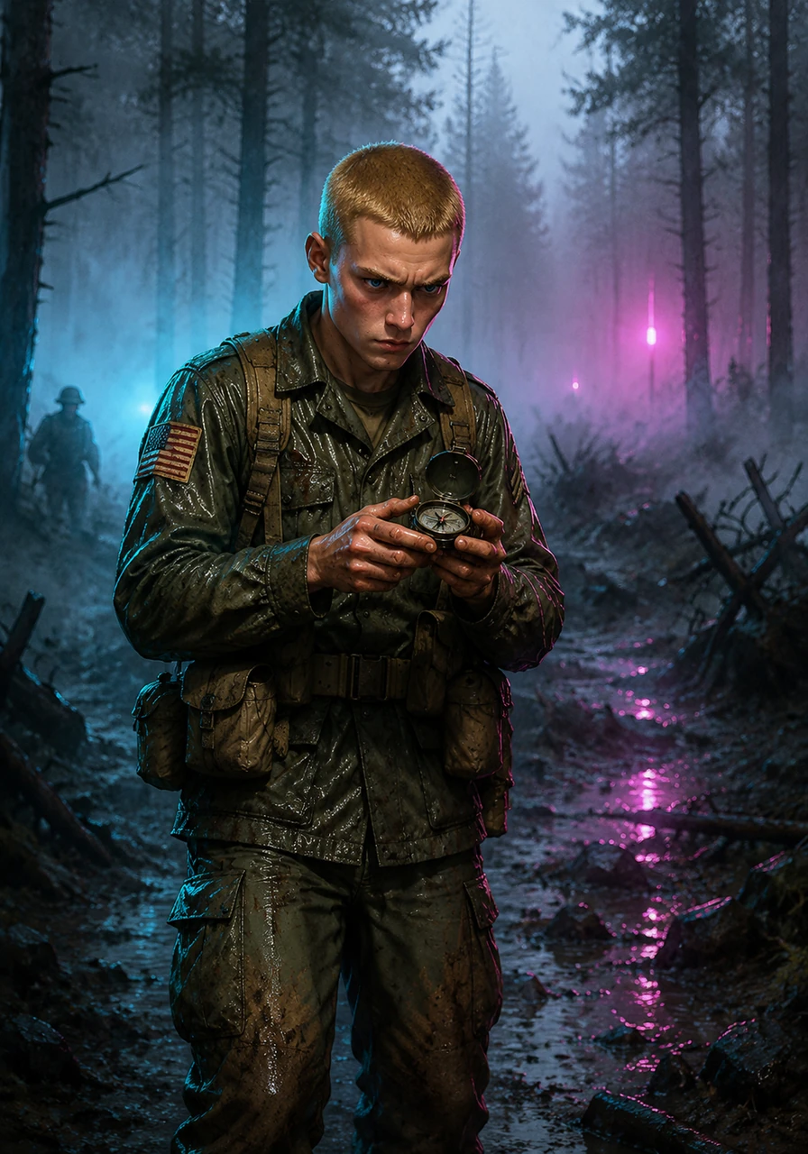 Thick fog clings to the tall trees of the Ardennes forest as Private Leo Woodland wanders alone, his US Army uniform damp from the mist. He checks his compass with a furrowed brow, realizing he is miles away from his squad and surrounded by the eerie silence of the front lines.