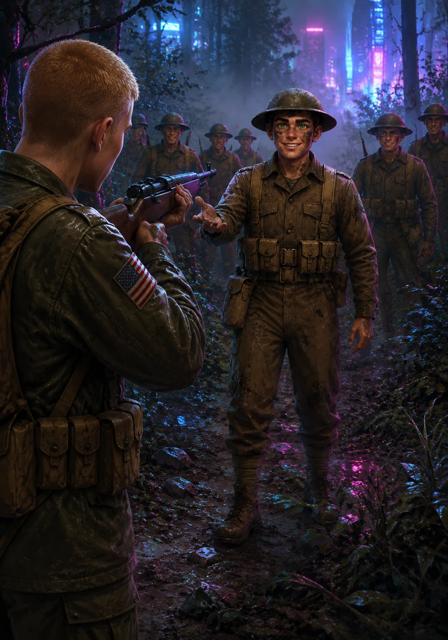 A sudden rustle in the bushes makes Leo raise his rifle, but he stops when he sees the distinct flat helmets of British infantry. Private Donnie Marshalls steps forward with a friendly grin, his green eyes bright against his soot-smudged face as he welcomes the lost American into their group.