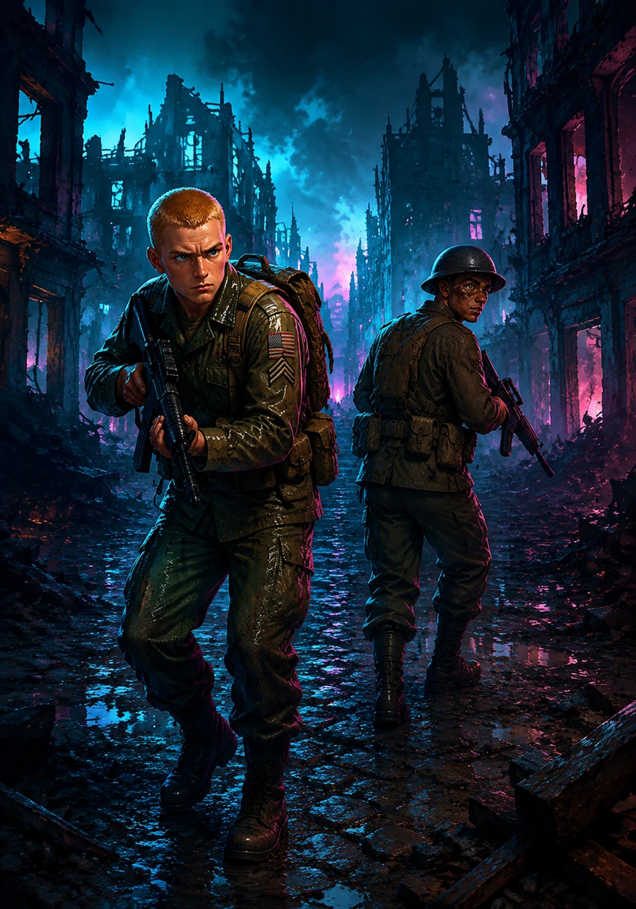 The combined unit moves cautiously through a ghost-like village, where the skeletons of burnt-out buildings loom over the cobblestone streets. Leo and Donnie move in perfect sync, watching each other's backs as they navigate the dangerous urban maze.