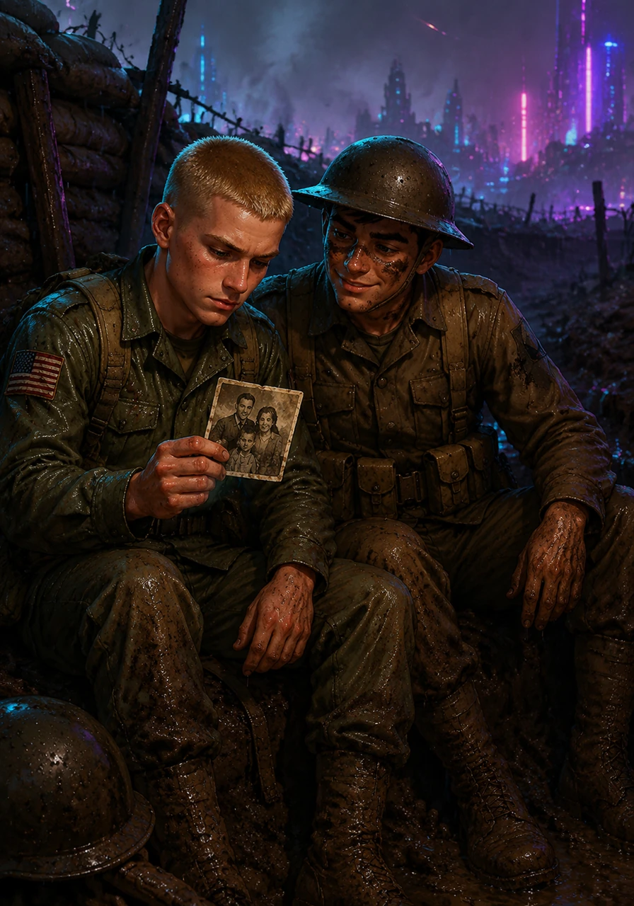 During a brief respite in a muddy trench, Leo pulls out a worn photograph of his family to show Donnie. The two men sit shoulder-to-shoulder, finding a moment of peace and human connection amidst the harsh reality of the trenches.