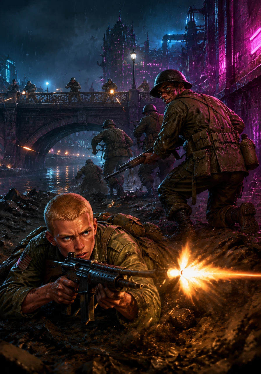 Chaos erupts as a German patrol spots them near a bridge, and the air fills with the sharp crack of rifle fire. Leo dives into the dirt and provides suppressing fire, allowing Donnie and the others to maneuver into a better position to defend their line.