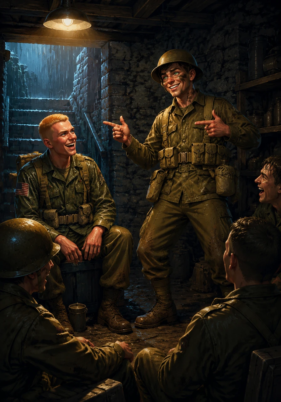 Tucked away in a dry cellar while rain lashes the ground above, the tension breaks as Donnie attempts a hilarious American accent. The soldiers' quiet laughter echoes against the stone walls, forging a bond that feels as strong as any blood relation.