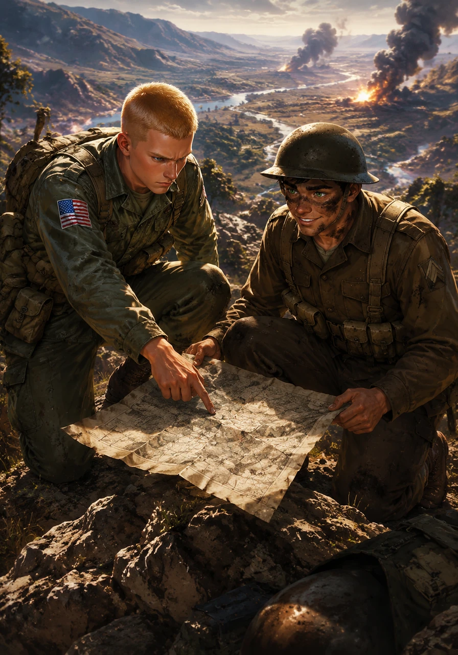 From a high, sun-drenched ridge, the squad looks out over the valley toward the distant sound of heavy artillery. They study a tattered map together, plotting a dangerous course that might finally lead Leo back to the American lines.