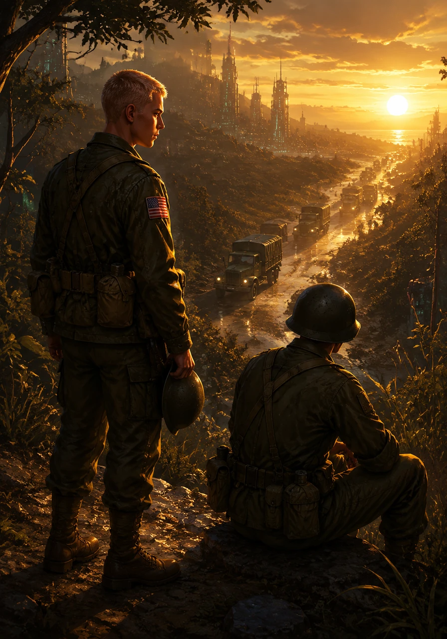 In the golden light of late afternoon, the group spots a column of US olive-drab trucks moving along a distant road. A heavy silence falls over the friends as they realize their journey together is coming to an end.