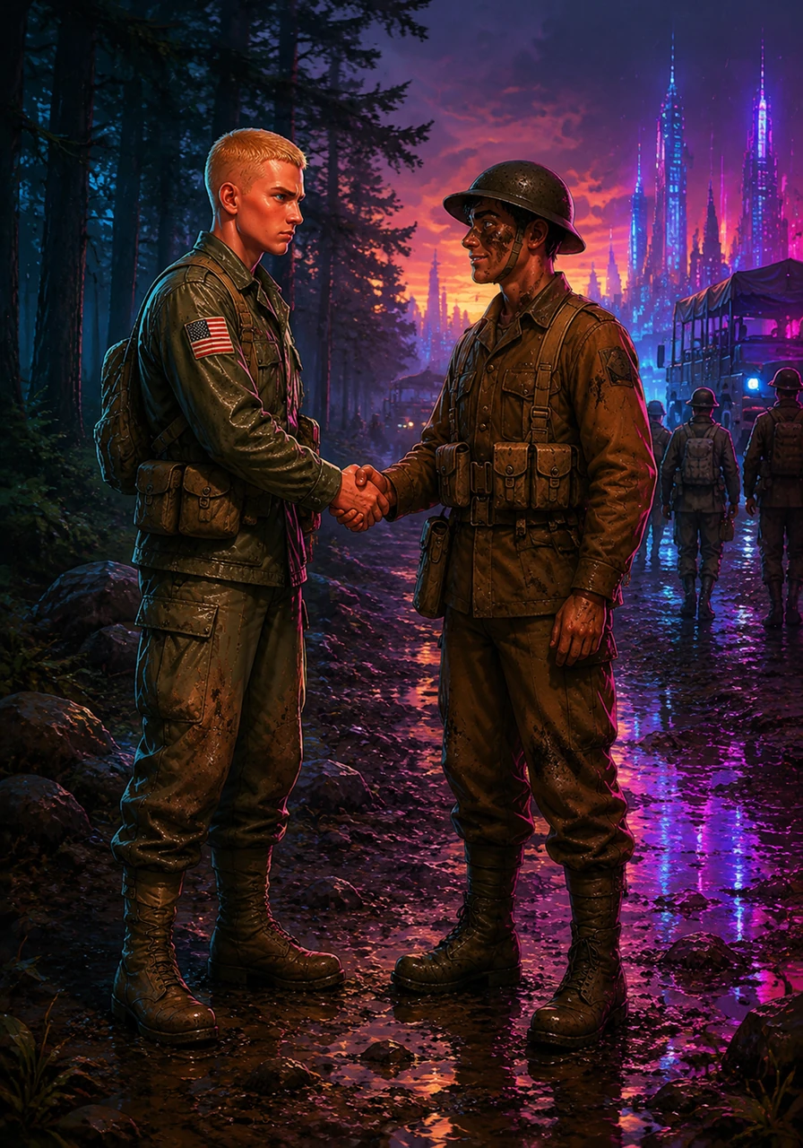 At the edge of the woods, Leo and Donnie share a firm, meaningful handshake before the American heads toward his unit. Though they serve under different flags, they walk away with a lifelong respect and a friendship forged in the fires of war.