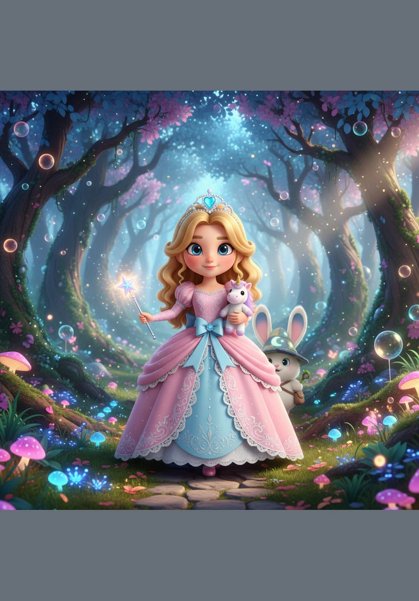 Lila enters the Whispering Woods, which are filled with glowing mushrooms and trees that sparkle like diamonds in the twilight. She walks carefully through the tall, soft grass, her pastel pink dress rustling against the magical ferns. The air smells like sweet pine and mystery as she heads deeper into the trees.