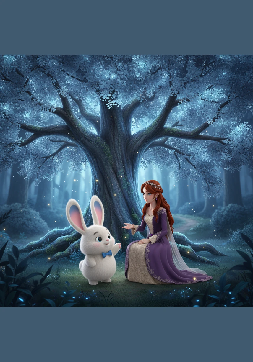 Under a giant silver oak tree, Lila meets a fluffy white rabbit wearing a tiny blue bowtie named Barnaby. Barnaby knows every secret path in the magical forest and offers to be her guide to the Heart of the Woods. Lila thanks him with a smile, grateful to have a new friend on her journey.