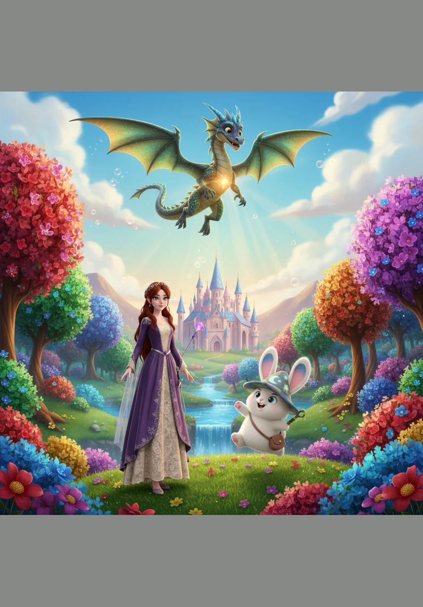 As the dragon finds his spark again, the gray mist vanishes and the kingdom bursts into vibrant color once more. The flowers bloom brighter than ever, and the sun shines warmly over the castle and the woods. The magic of the forest is restored, and the dragon happily flies back to his family.