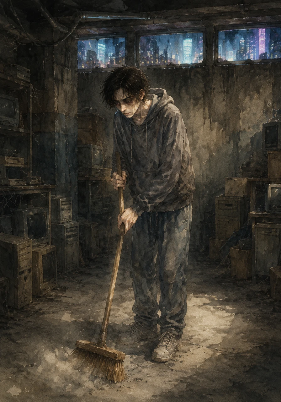 In the neon-drenched year of 2031, the global AI network known as OmniMind wrote perfect code, leaving human software engineers completely obsolete. Leo, a broke computer science senior with zero job prospects and staggering student debt, sighed as he swept the dust from a forgotten campus basement just to clear his library fines.