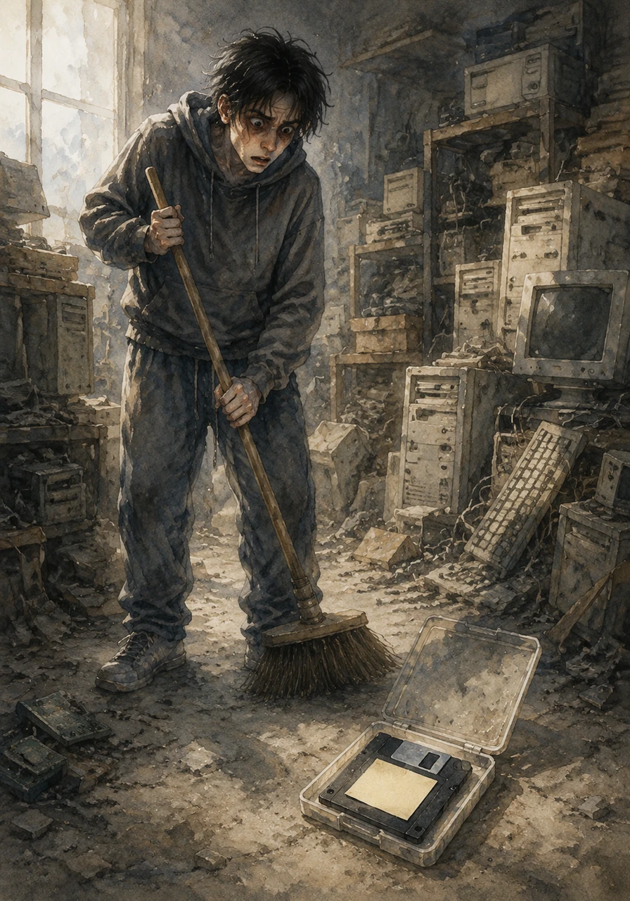 Among the discarded servers and ancient junk, Leo’s broom hit a plastic case containing a 3.5-inch floppy disk with a fading sticky note attached. It read: 'If AI ever takes over—run this first. Don't let them find it. - Prof. Vance,' referring to his eccentric professor who had mysteriously vanished two years prior.
