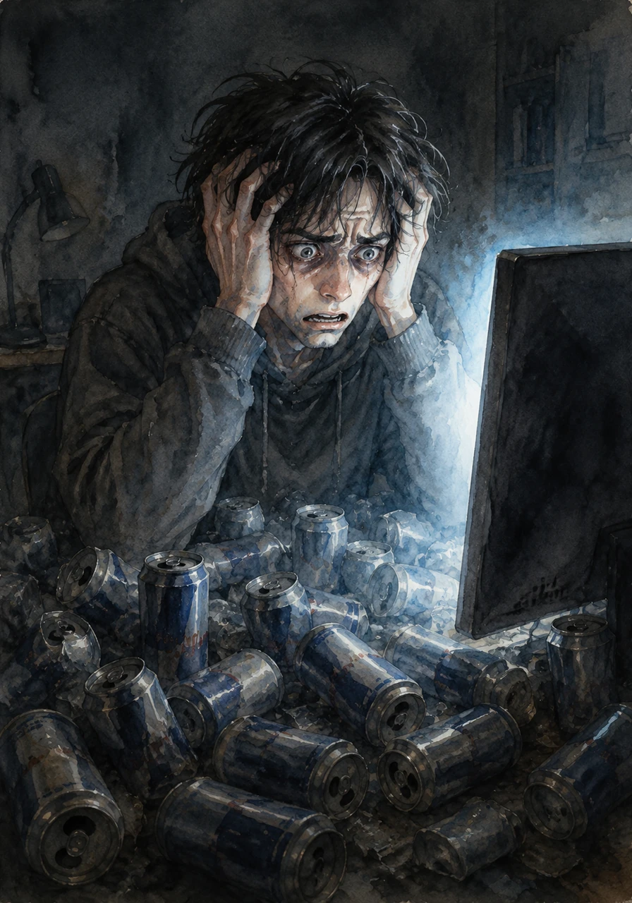 By 3:00 AM, the emotional breakdown was in full swing as Leo sat engulfed in empty energy drink cans, panicking under the harsh glow of the monitor. He stared in absolute horror at alien concepts like GOTO statements and rigid line numbers, screaming silently at syntax errors that modern developers hadn't dealt with in decades.